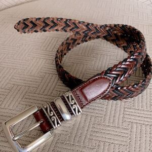 BRIGHTON woven braided leather belt brown/black with silvertone buckle medium/30